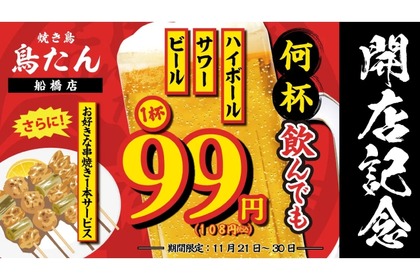 【激安！！生ビール・サワー・ハイボール何杯でも1杯99円】人気・焼鳥店の開店記念キャンペーンがアツすぎ！！ 画像