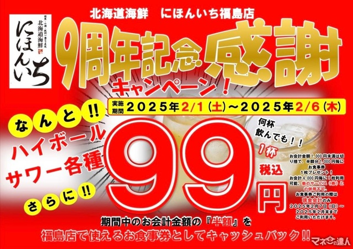 驚愕！450円引き？何杯でも？税込99円！サワー・ハイボール各種「北海道海鮮にほんいち」2/1-6