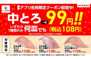 【激安！中トロが何皿でも99円で楽しめる！】ビールもお得！？かっぱ寿司「みなみ鮪中とろ何皿でも一貫108円（税込）」クーポン配信 画像